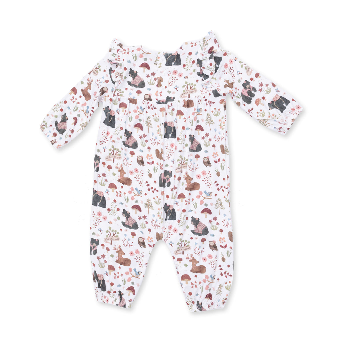 Baby romper with ruffle sleeves in pink Southern woodland animals print with snap closures