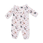 Baby romper with ruffle sleeves in pink Southern woodland animals print with snap closures