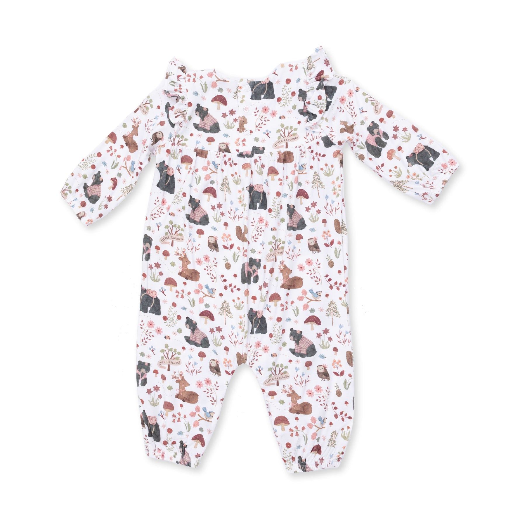 Baby romper with ruffle sleeves in pink Southern woodland animals print with snap closures