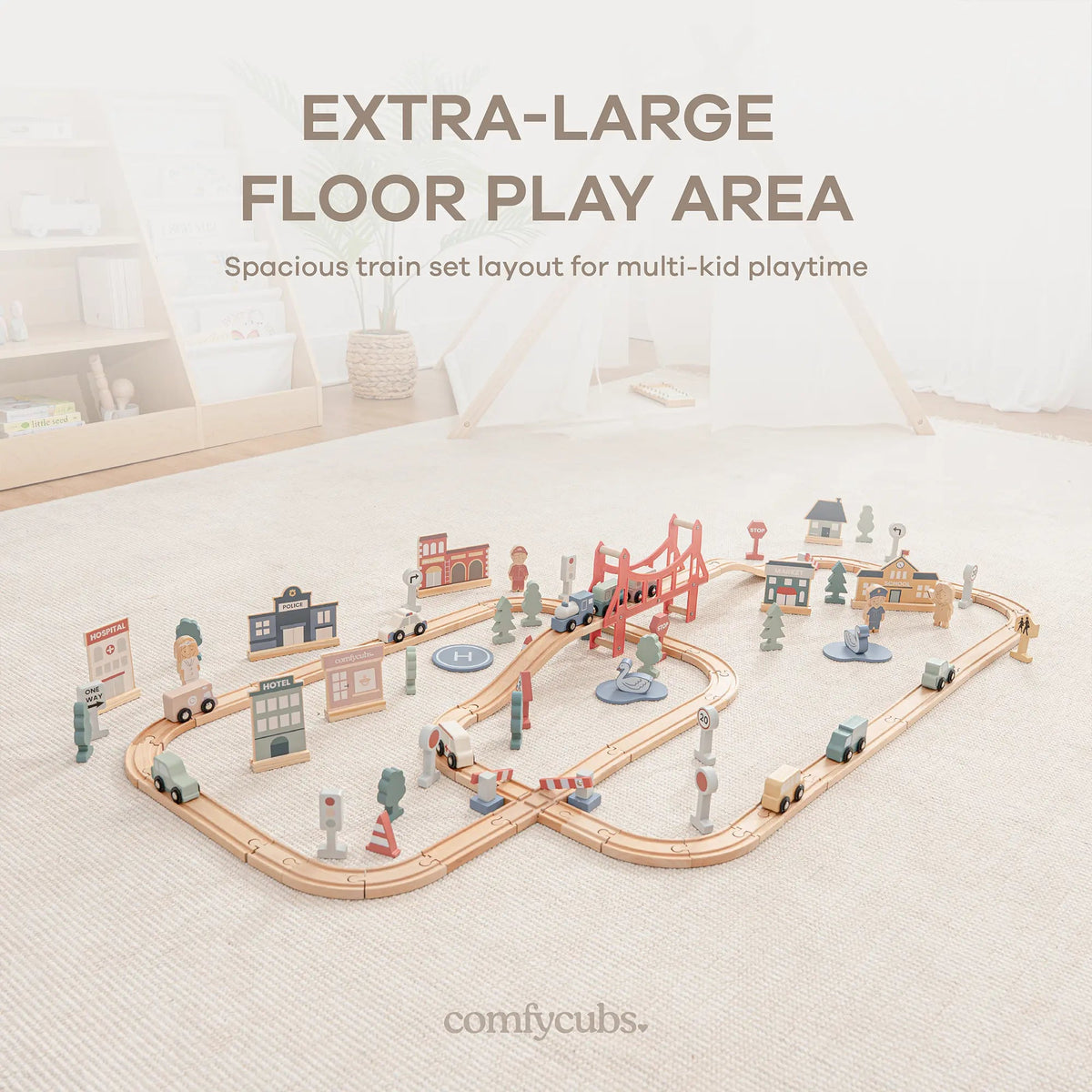 Comfy Cubs 100 - Piece Wooden Train Set for Toddlers Ages 1+ - 