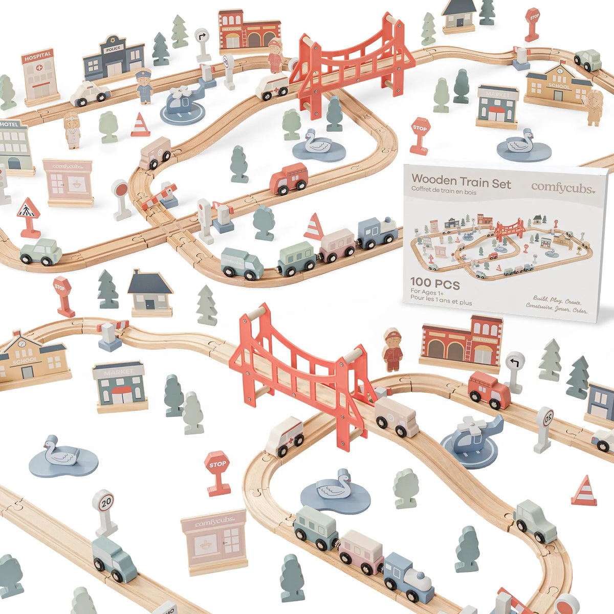 Comfy Cubs 100 - Piece Wooden Train Set for Toddlers Ages 1+ - 