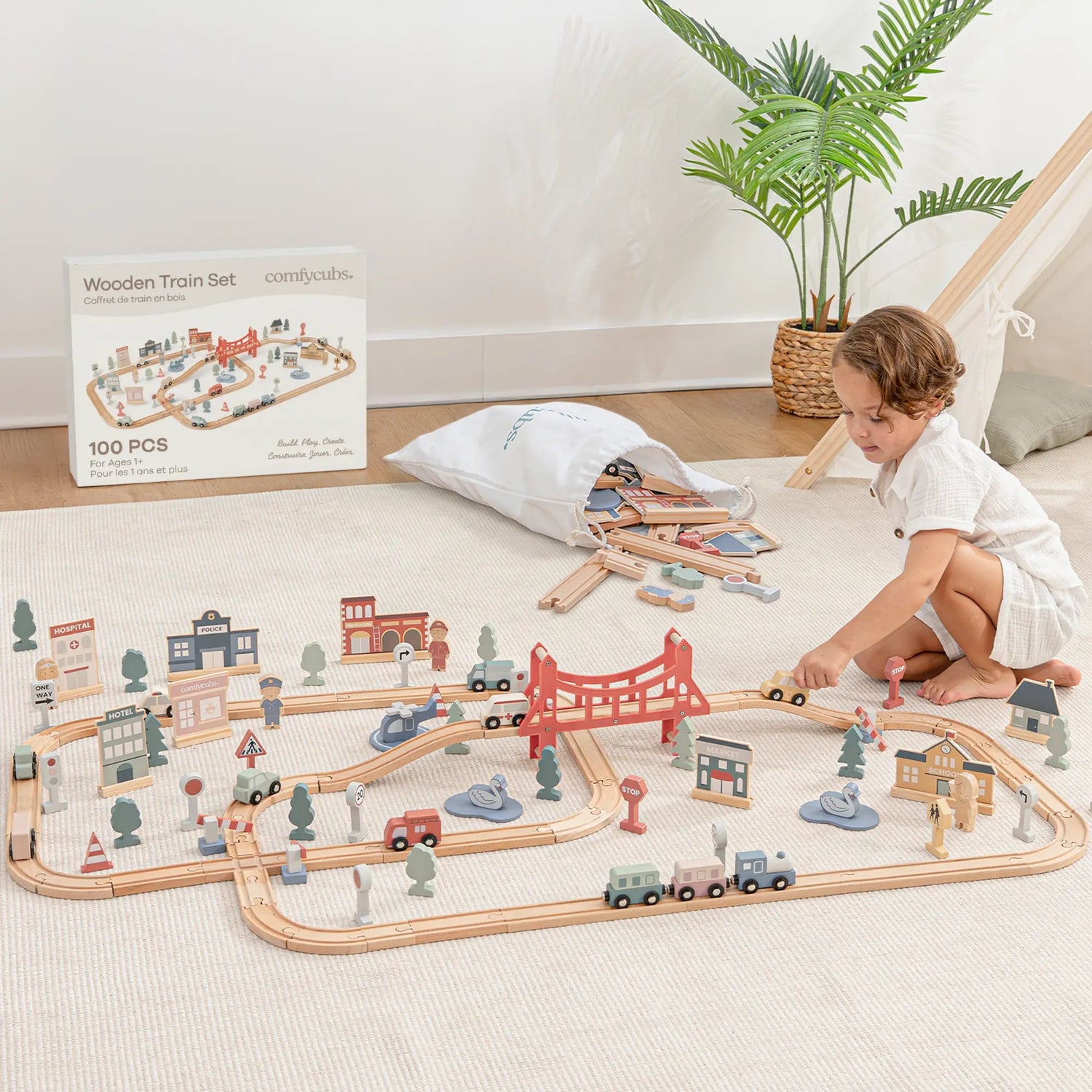 Comfy Cubs 100 - Piece Wooden Train Set for Toddlers Ages 1+ - 