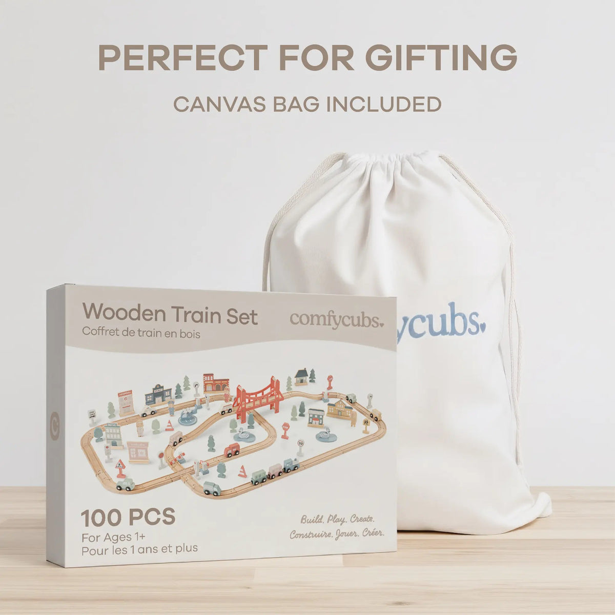 Comfy Cubs 100 - Piece Wooden Train Set for Toddlers Ages 1+ - 