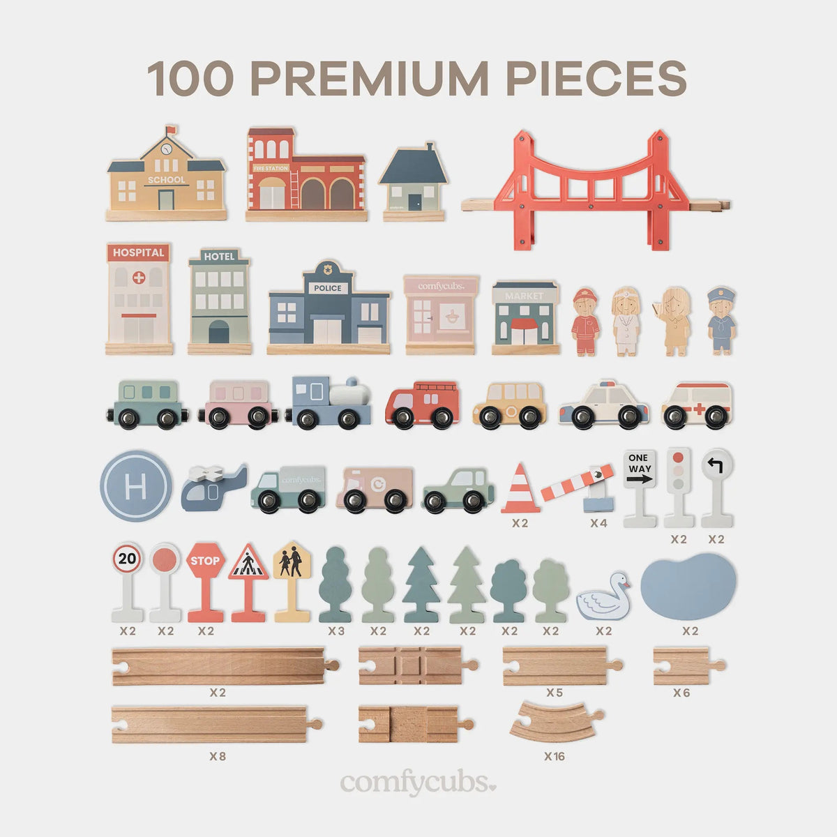 Comfy Cubs 100 - Piece Wooden Train Set for Toddlers Ages 1+ - 