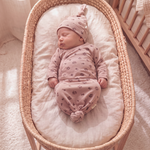 Newborn kimono-style knotted sleep gown in rosebud floral print with matching floral baby hat