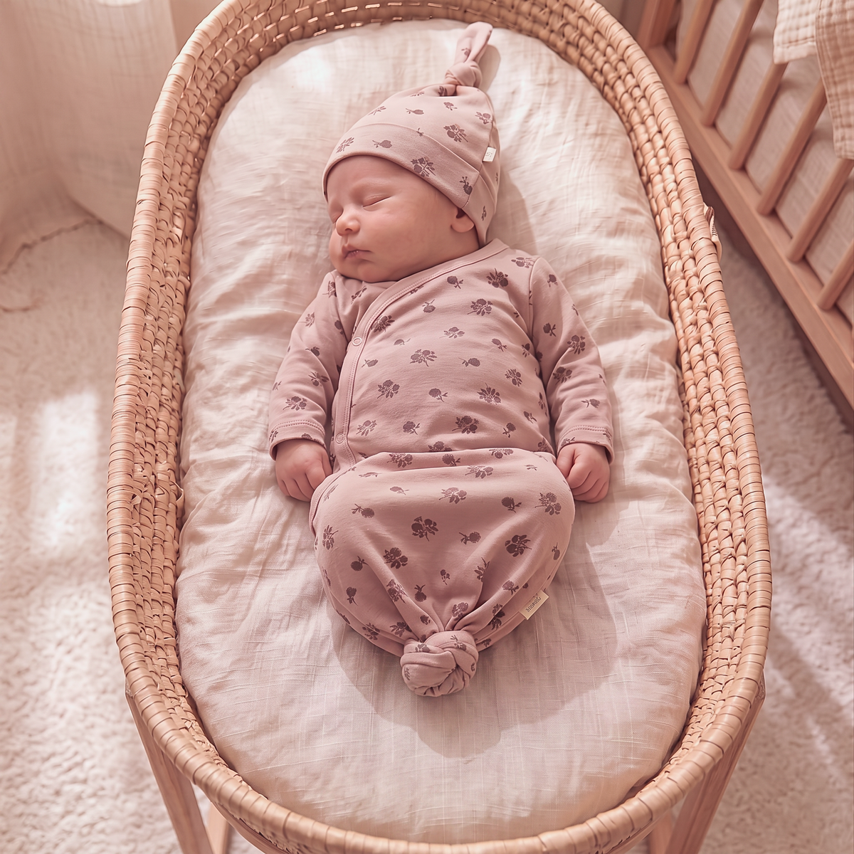 Newborn kimono-style knotted sleep gown in rosebud floral print with matching floral baby hat