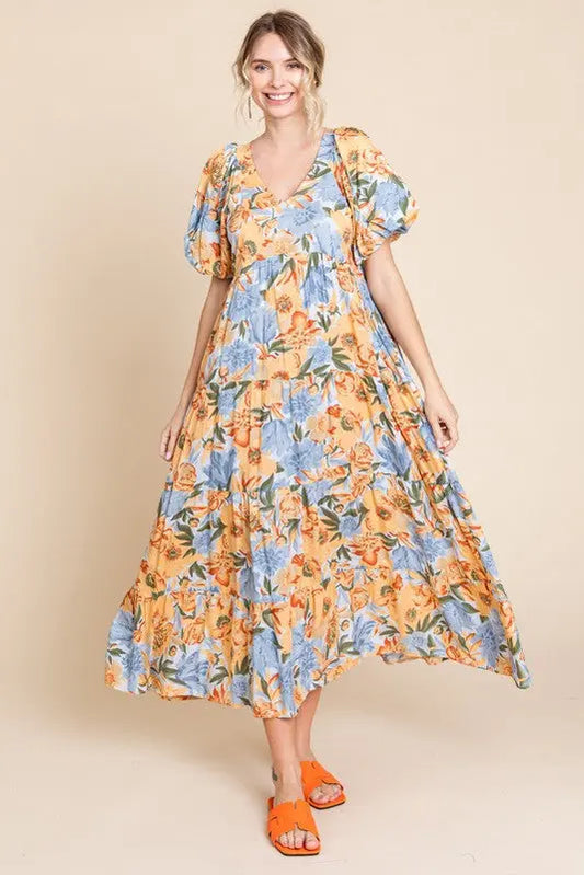 Light Blue Floral Print Pocketed Midi Dress for Women PinkBlush