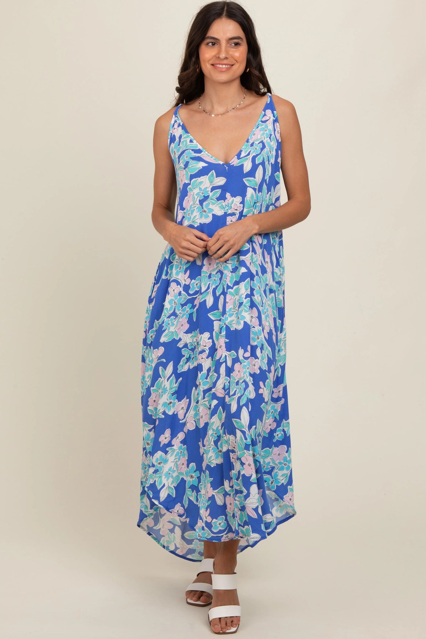 PinkBlush Elegant Floral Midi Dress with Cross Back Design for Casual Outings - Apparel & Accessories > Clothing > Dresses