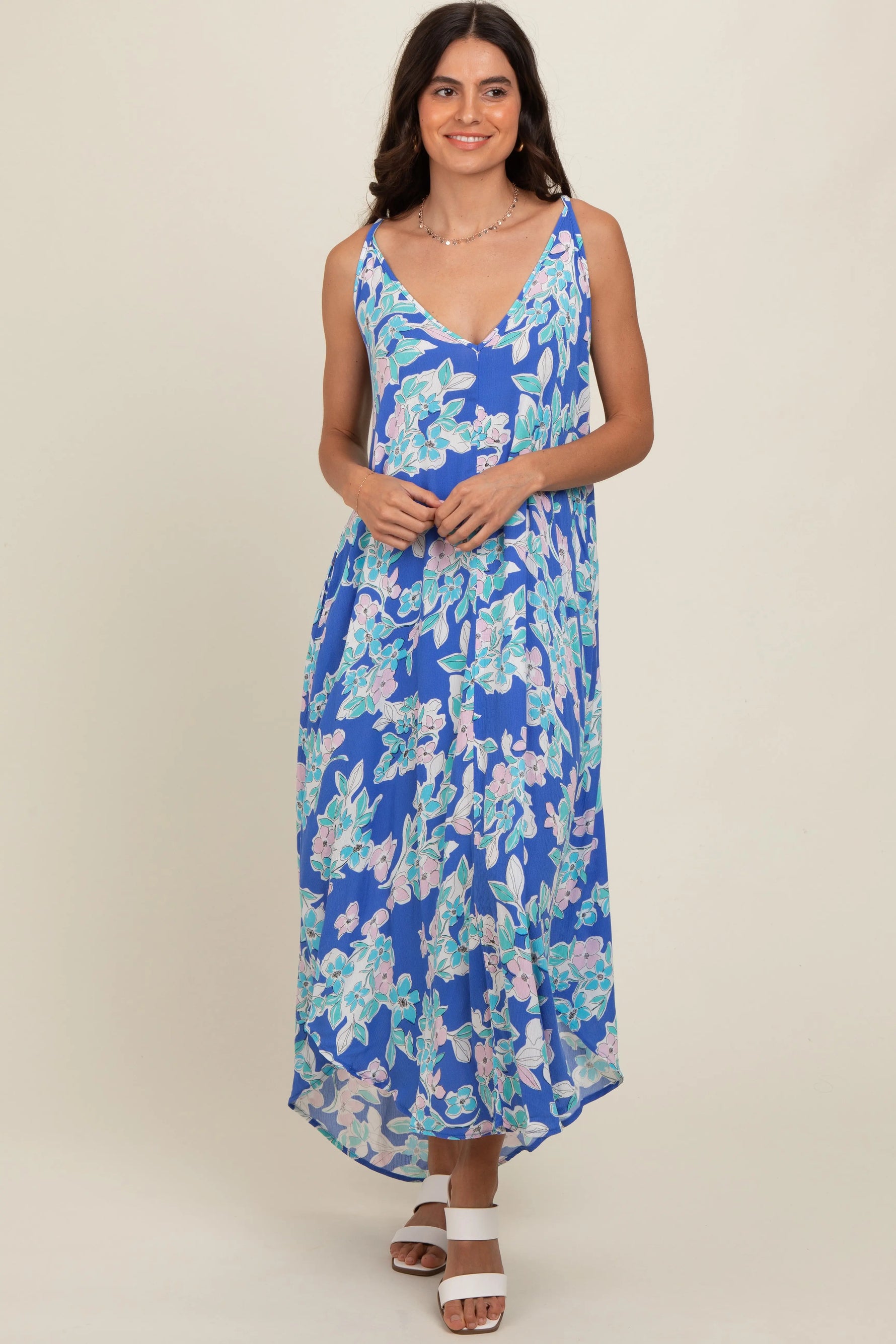 PinkBlush Elegant Floral Midi Dress with Cross Back Design for Casual Outings - Apparel & Accessories > Clothing > Dresses