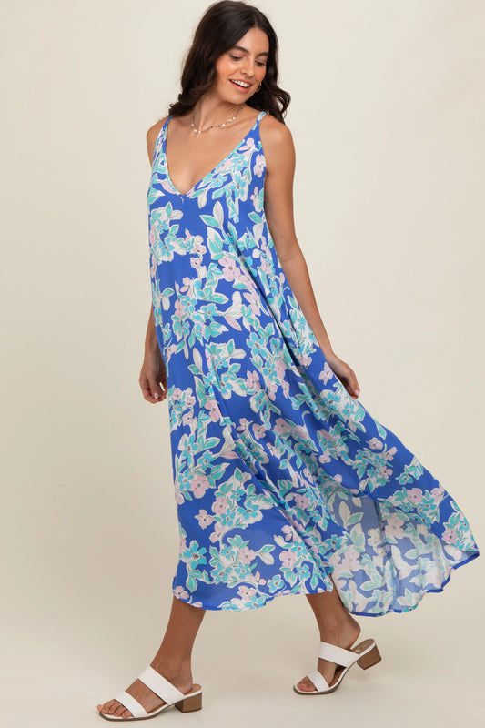 PinkBlush Elegant Floral Midi Dress with Cross Back Design for Casual Outings - Apparel & Accessories > Clothing > Dresses