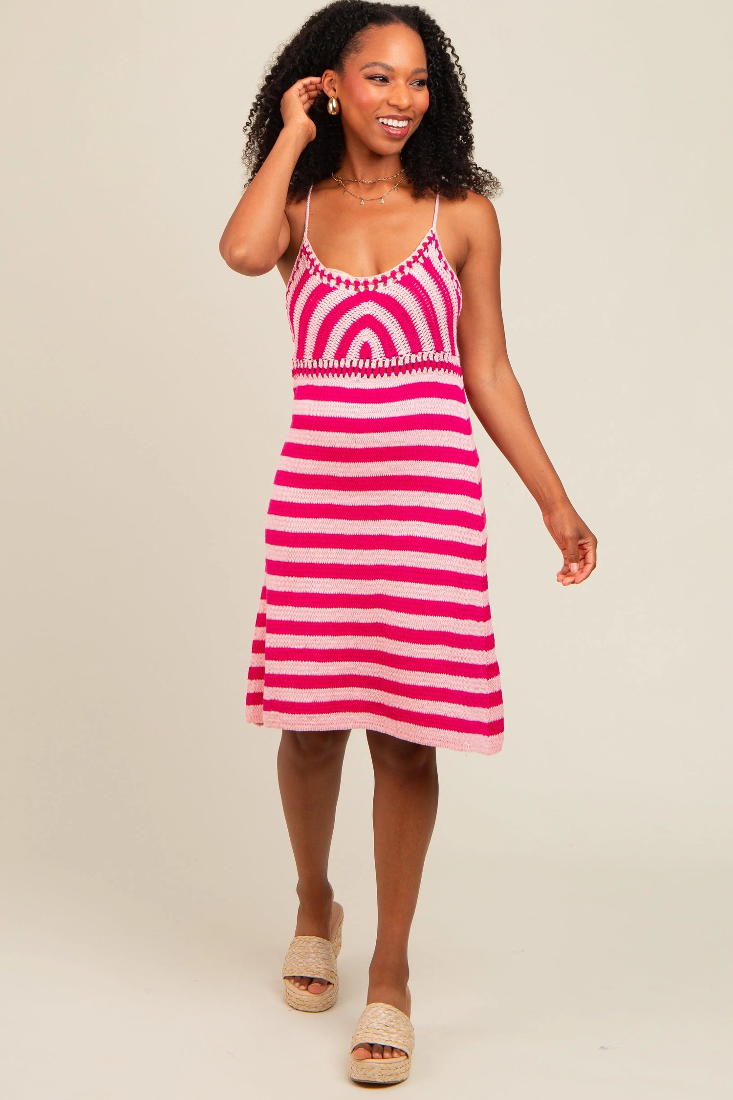 PinkBlush Stylish Pink Crochet Striped Sleeveless Dress for Trendy Summer Wear - Apparel & Accessories > Clothing > Dresses
