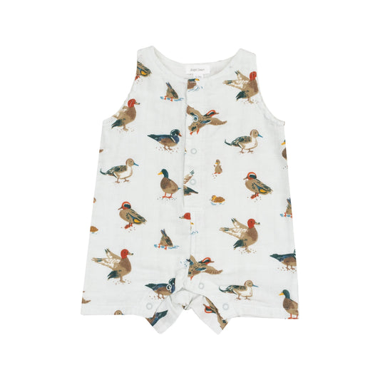 Sleeveless Shortie Romper Ducks Organic Muslin Baby Outfit.