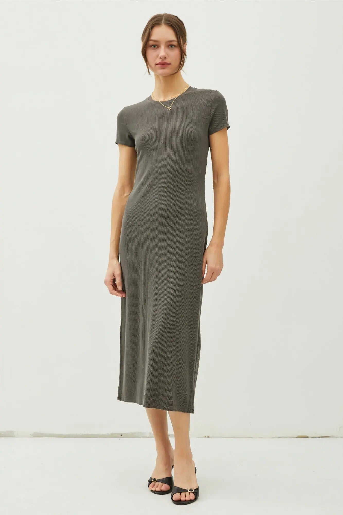 PinkBlush Charcoal Rib Knit Maternity Dress with Back Slit for Modern Moms - Apparel & Accessories > Clothing > Dresses