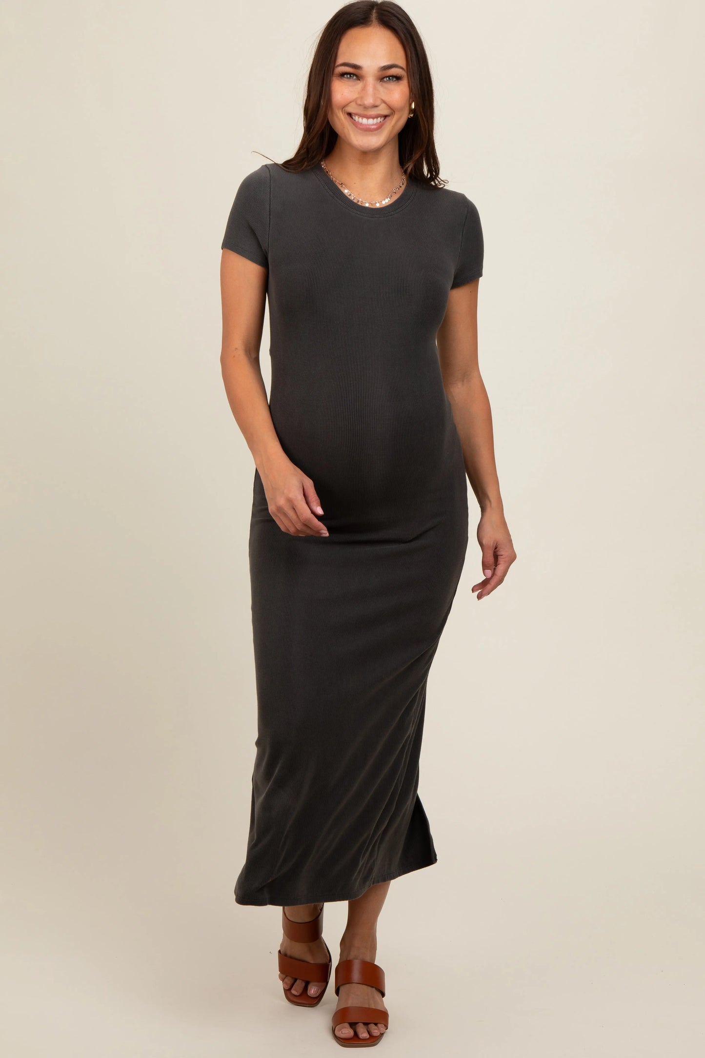 PinkBlush Charcoal Rib Knit Maternity Dress with Back Slit for Modern Moms - Apparel & Accessories > Clothing > Dresses
