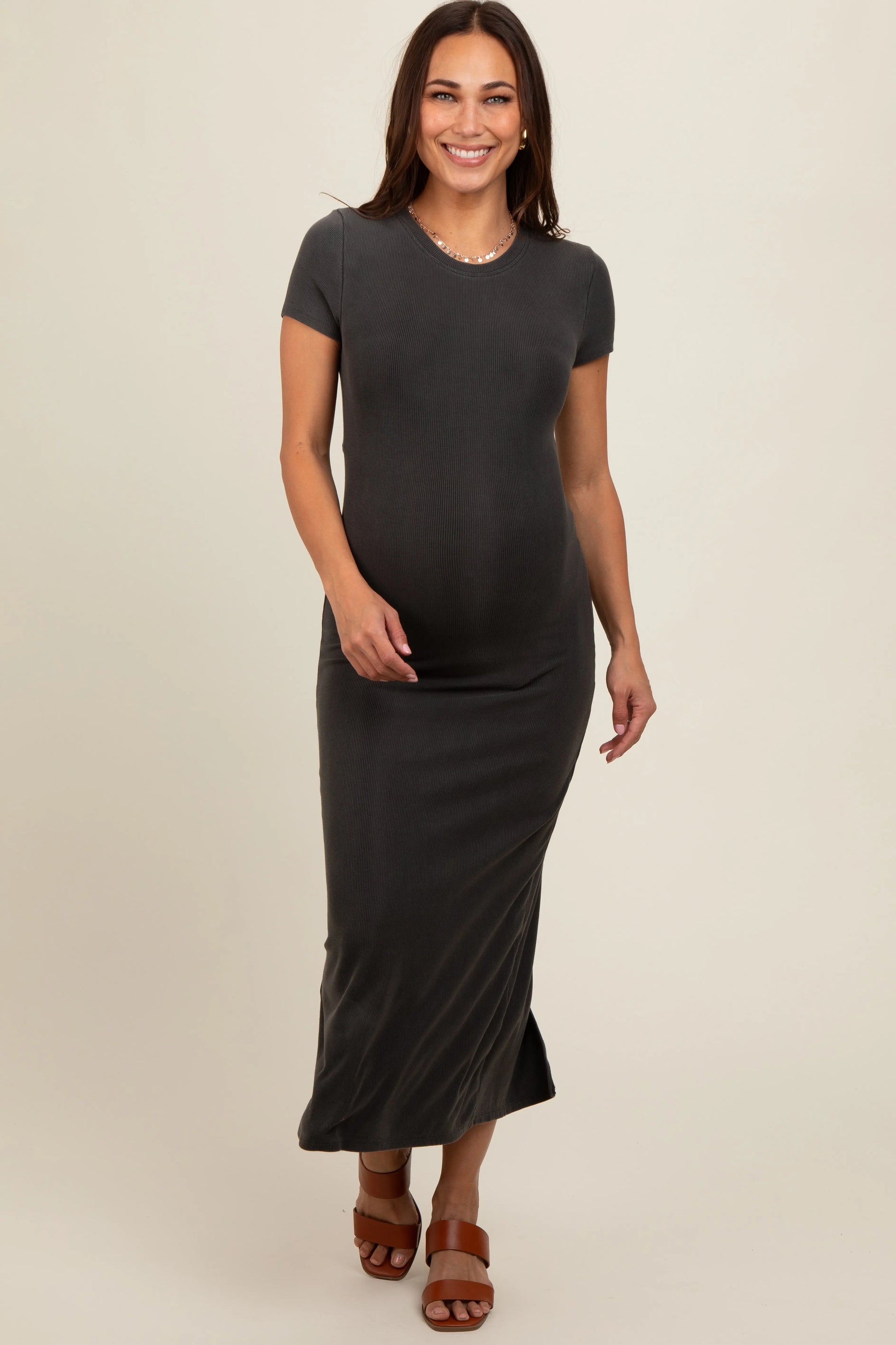 PinkBlush Charcoal Rib Knit Maternity Dress with Back Slit for Modern Moms - Apparel & Accessories > Clothing > Dresses