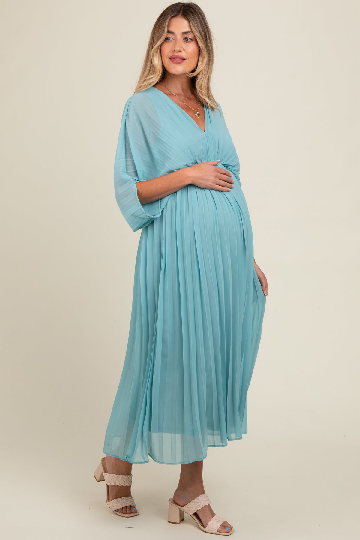 Pleated V-Neck Maxi Maternity Dress for Baby Showers by PinkBlush