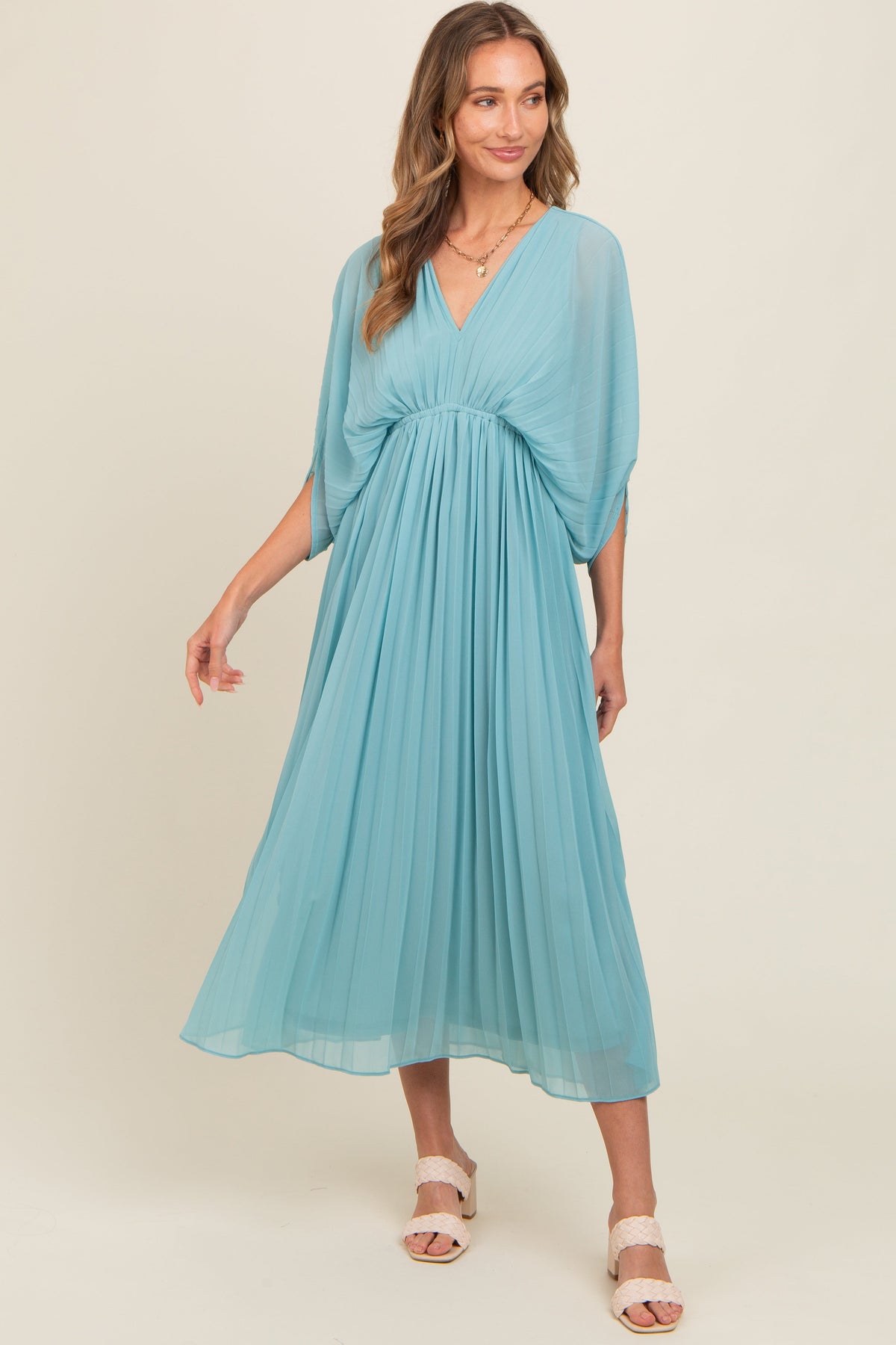 Pleated V-Neck Maxi Maternity Dress for Baby Showers by PinkBlush