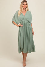 Light olive pleated V-neck maxi dress with a gathered waist and loose kimono-style sleeves