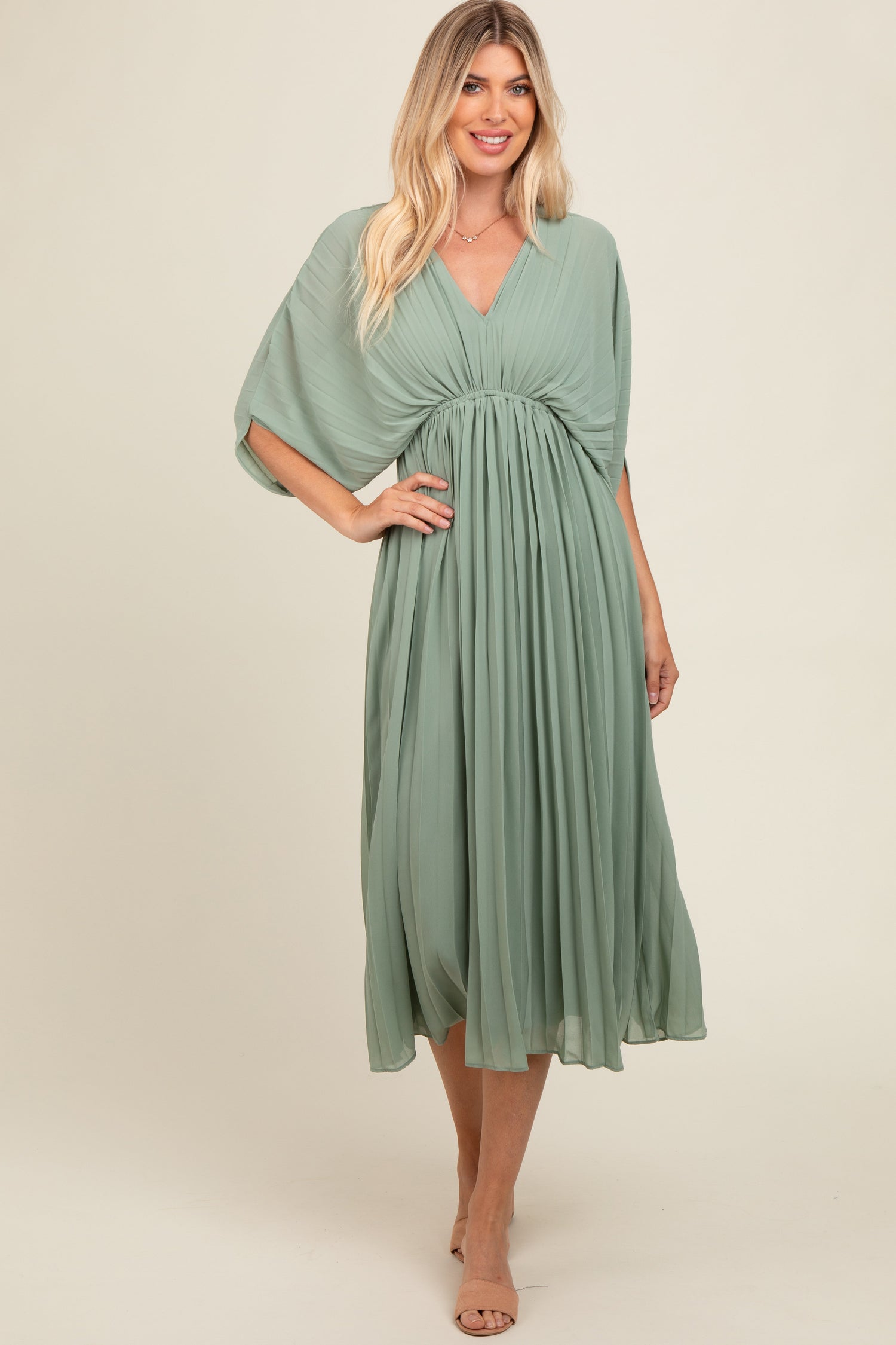 Light olive pleated V-neck maxi dress with a gathered waist and loose kimono-style sleeves