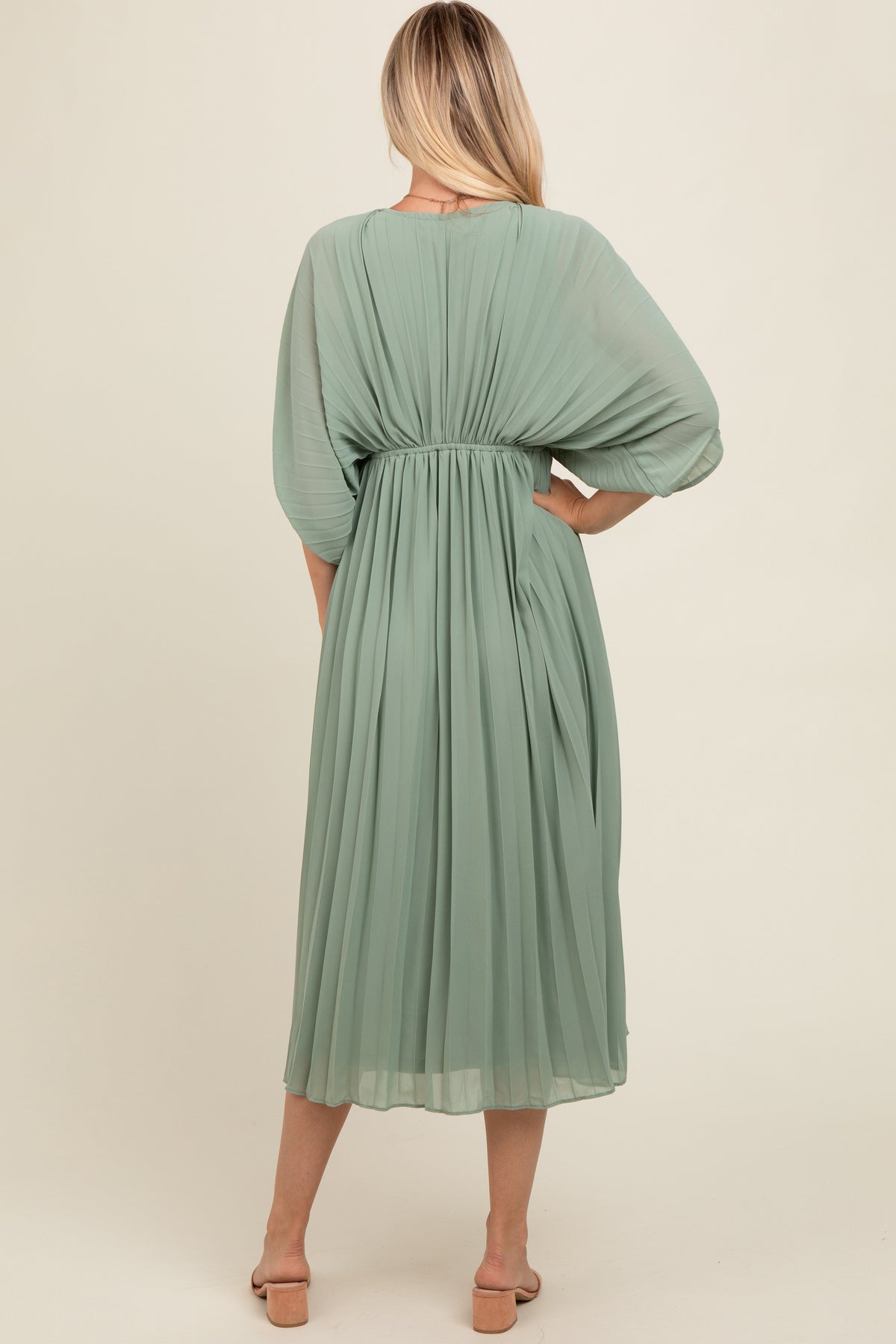 PinkBlush light olive pleated V-neck maxi dress, flowing.