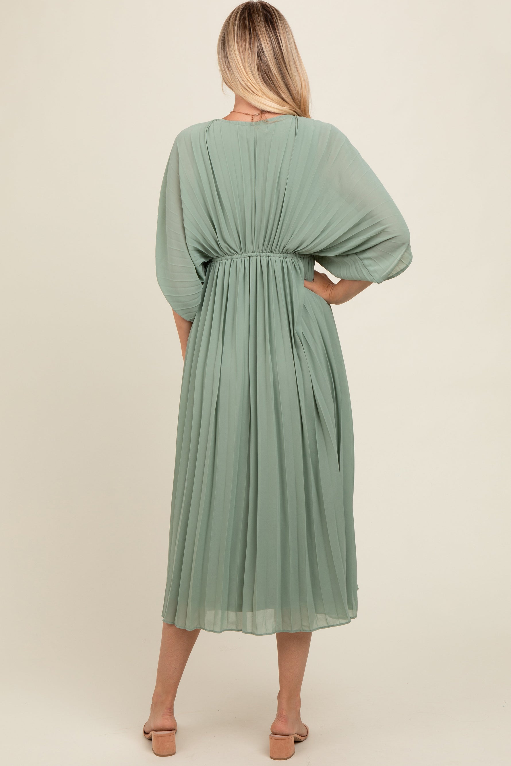 PinkBlush light olive pleated V-neck maxi dress, flowing.