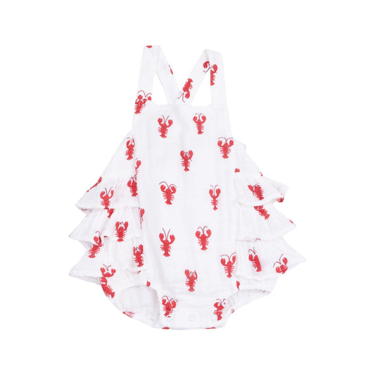 Ruffle Sunsuit Lobster Muslin Baby Outfit for Summer Fun.