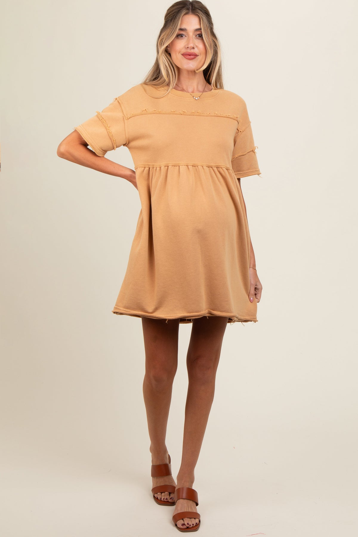 Camel Raw Hem Maternity Short Sleeve Dress by PinkBlush at Everetts Place