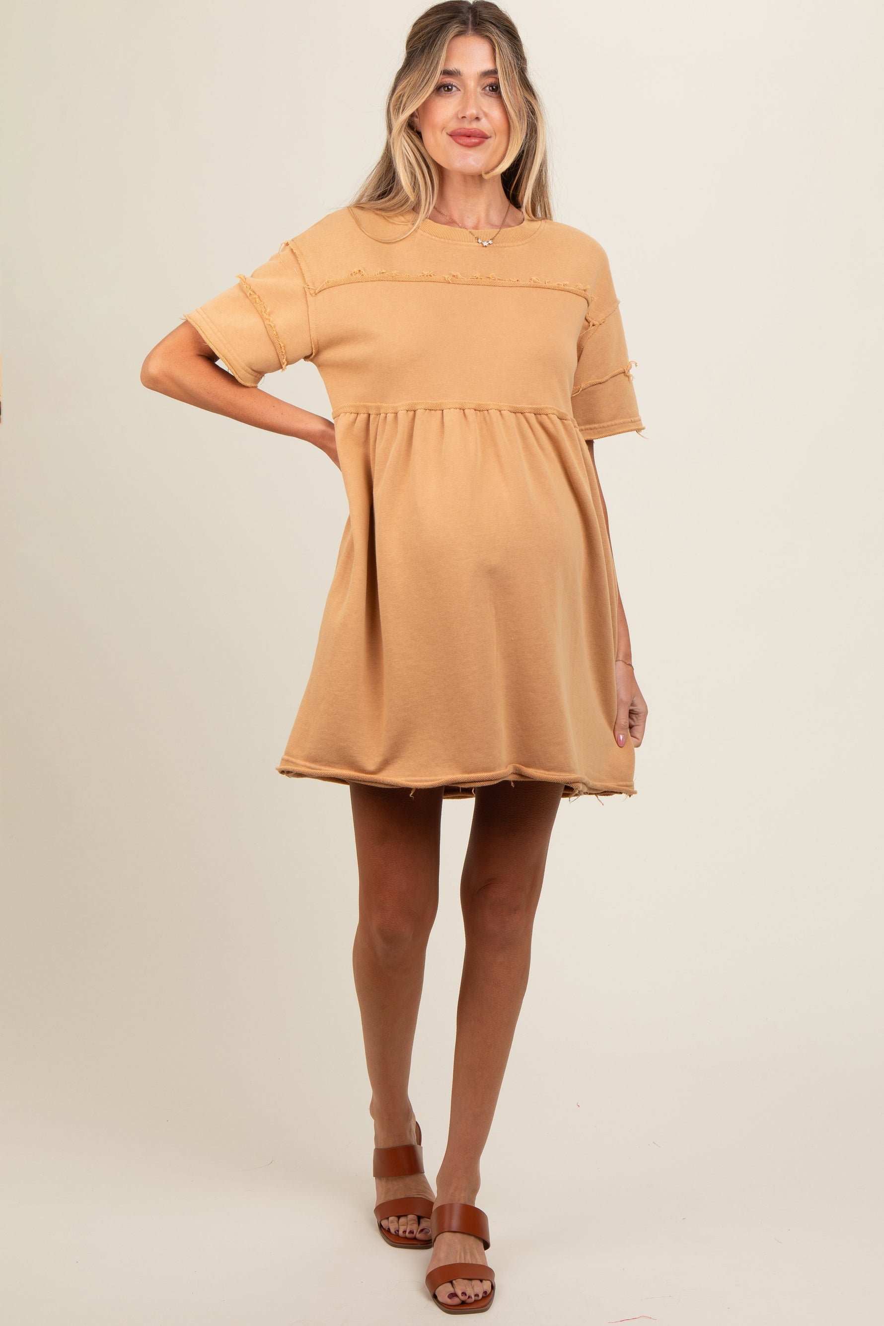 Camel Raw Hem Maternity Short Sleeve Dress by PinkBlush at Everetts Place