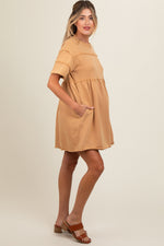 Camel Raw Hem Maternity Short Sleeve Dress by PinkBlush at Everetts Place