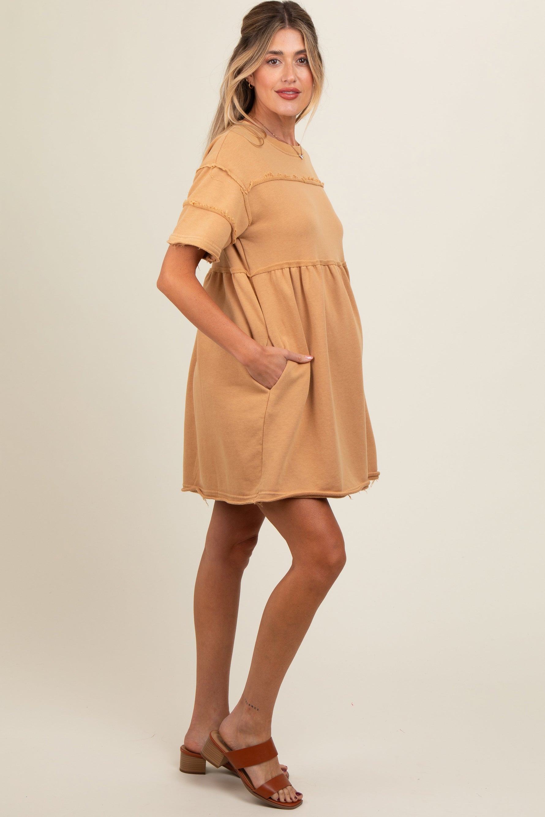 Camel Raw Hem Maternity Short Sleeve Dress by PinkBlush at Everetts Place