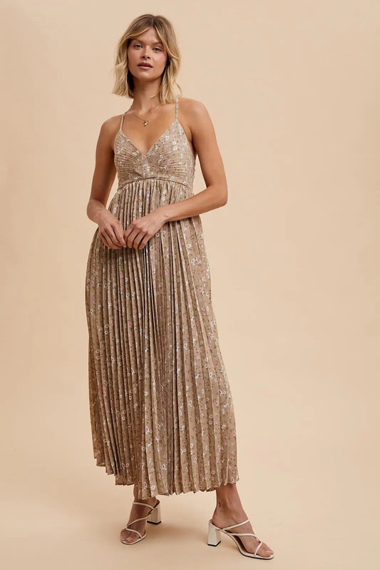 PinkBlush Mocha Floral Maxi Dress with Pleated Back Cutout for Stylish Women - Apparel & Accessories > Clothing > Dresses