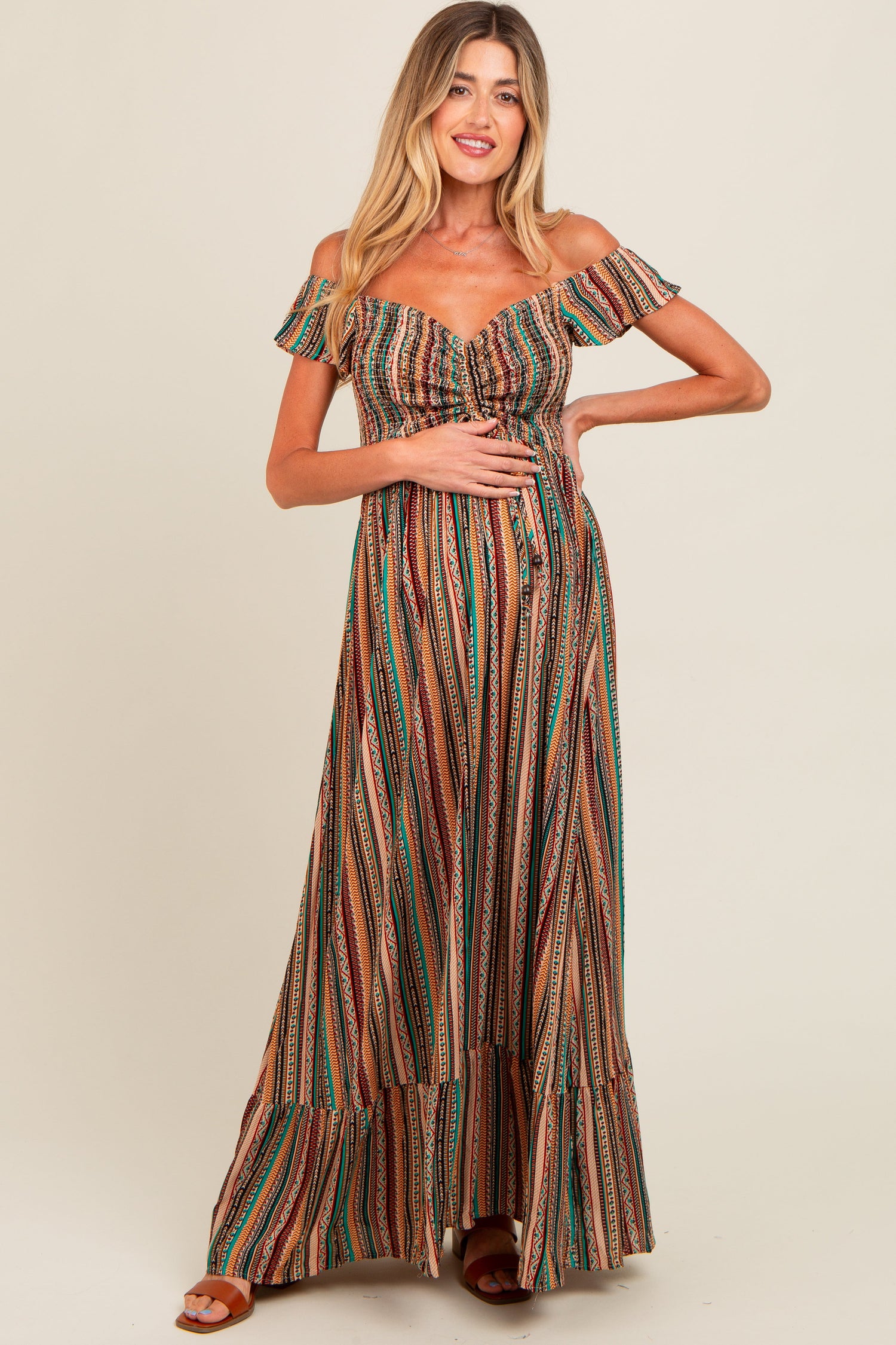 Multicolor Off Shoulder Cinched Maternity Maxi Dress by PinkBlush at Everetts Place