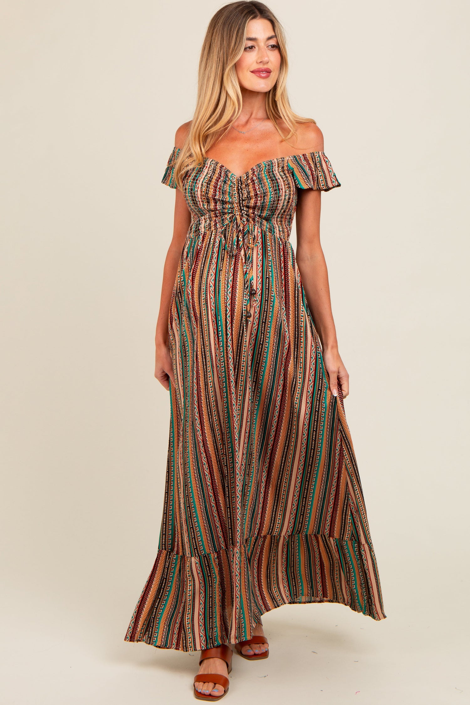 Multicolor Off Shoulder Cinched Maternity Maxi Dress by PinkBlush at Everetts Place