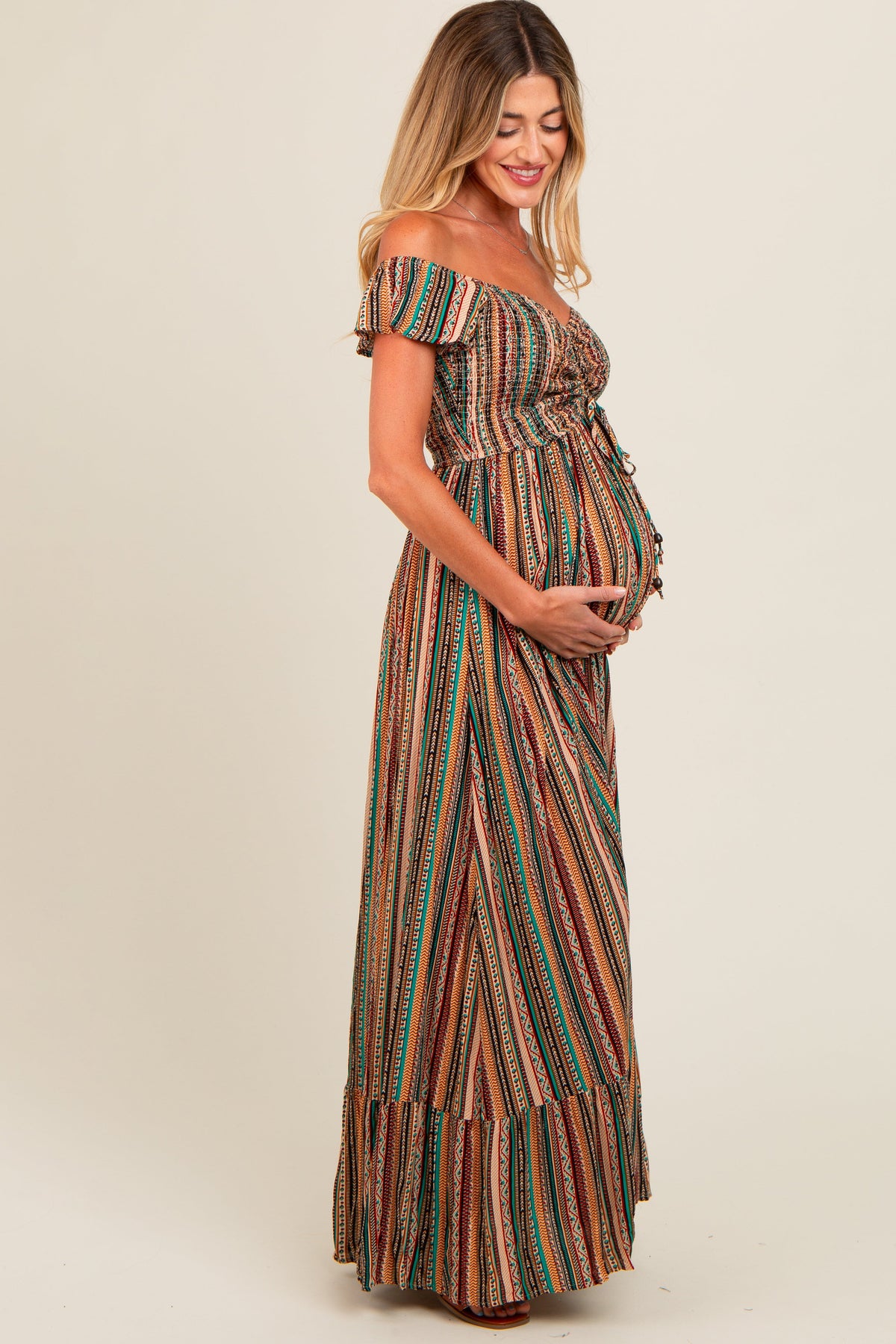 Multicolor Off Shoulder Cinched Maternity Maxi Dress by PinkBlush at Everetts Place