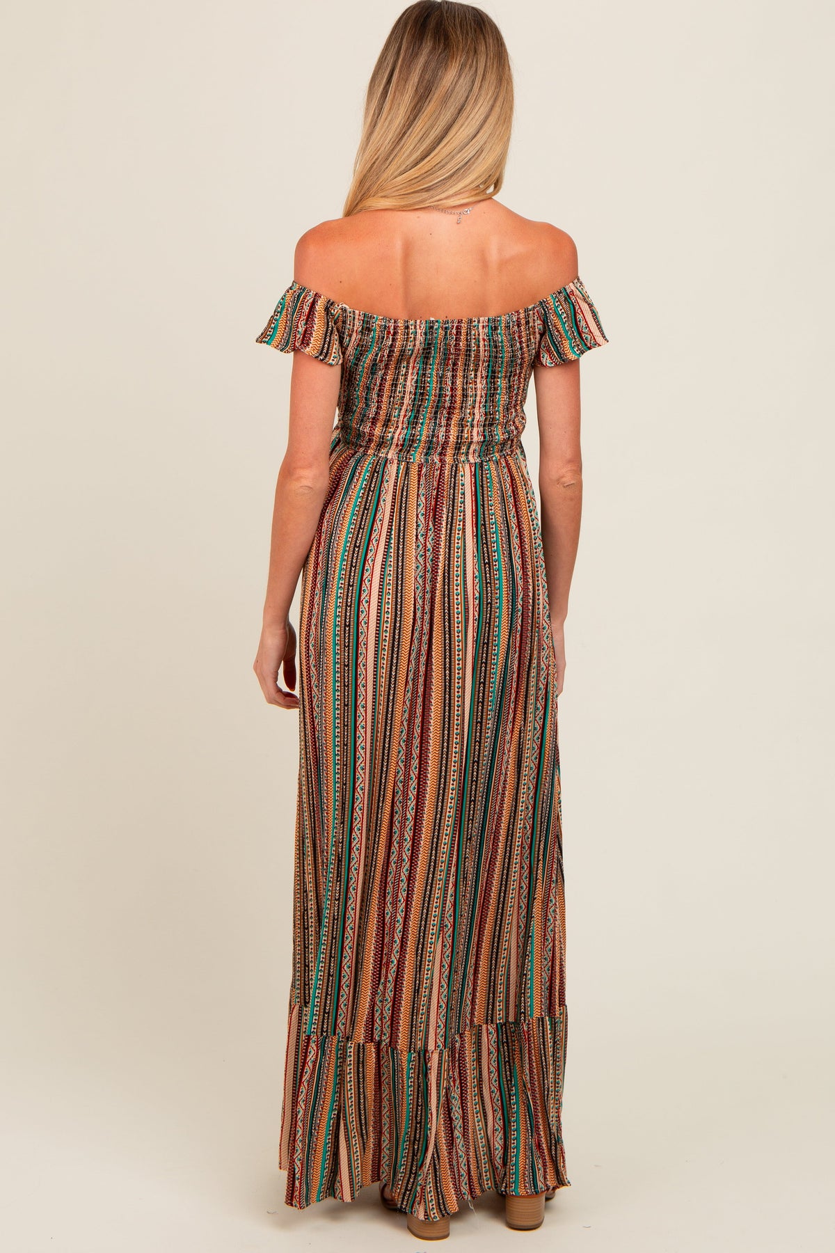 Multicolor Off Shoulder Cinched Maternity Maxi Dress by PinkBlush at Everetts Place