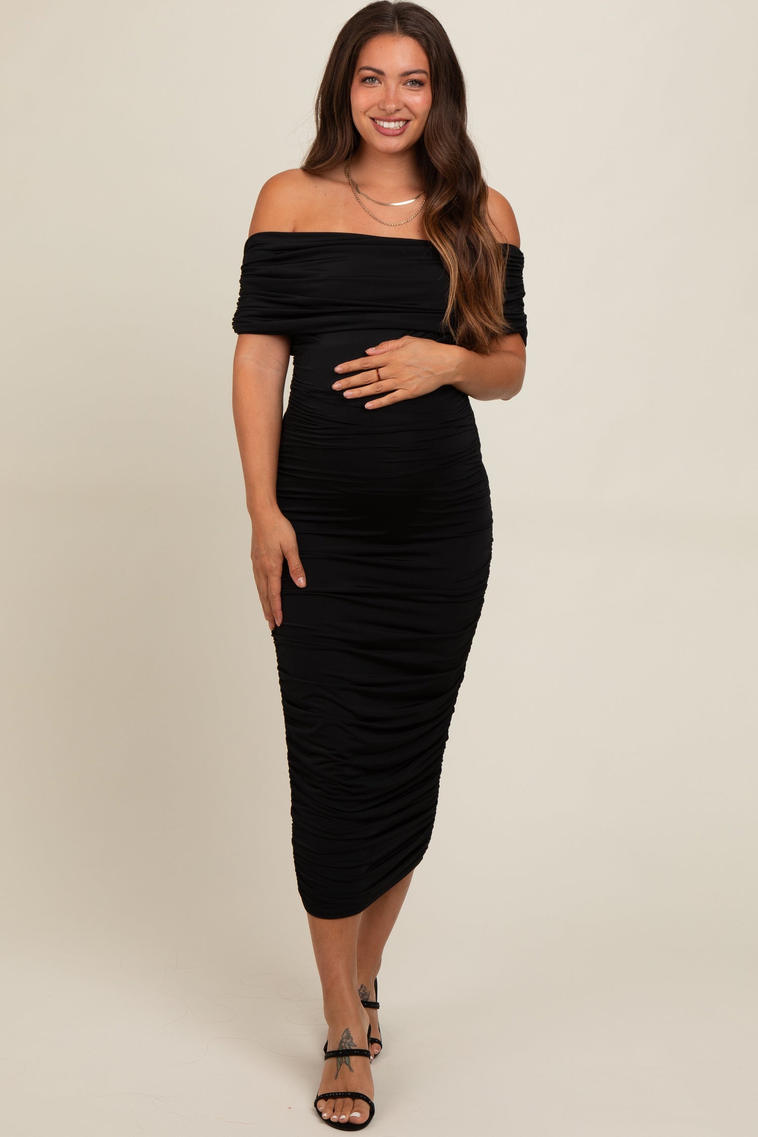 Black Off Shoulder Ruched Maternity Midi Dress - Day Dress, Dress, Waist, One-piece garment, Gown | Everetts Place