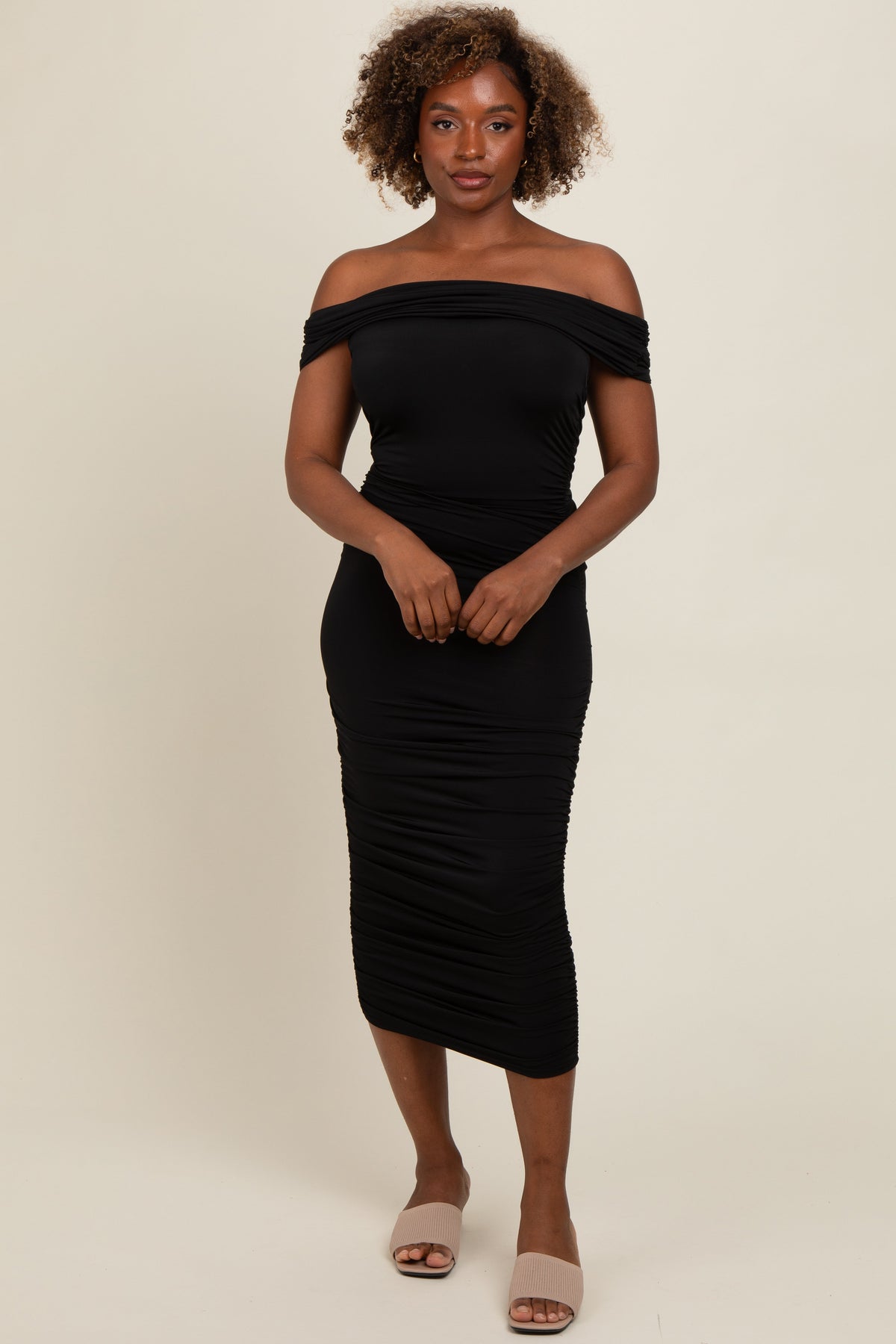 Comfortable Off Shoulder Ruched Maternity Midi Dress by PinkBlush