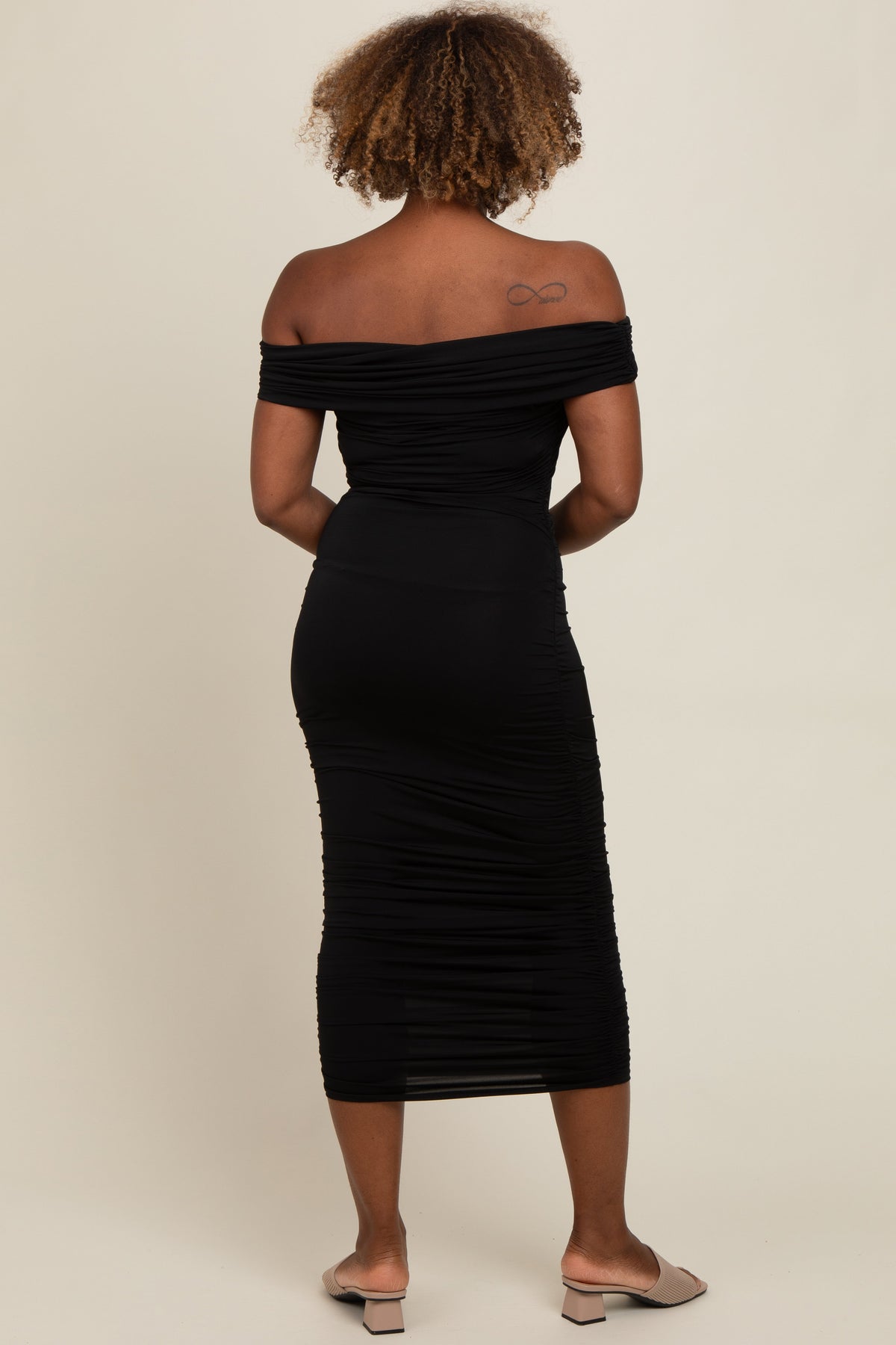 Sleek Fitted Off Shoulder Ruched Midi Dress by PinkBlush
