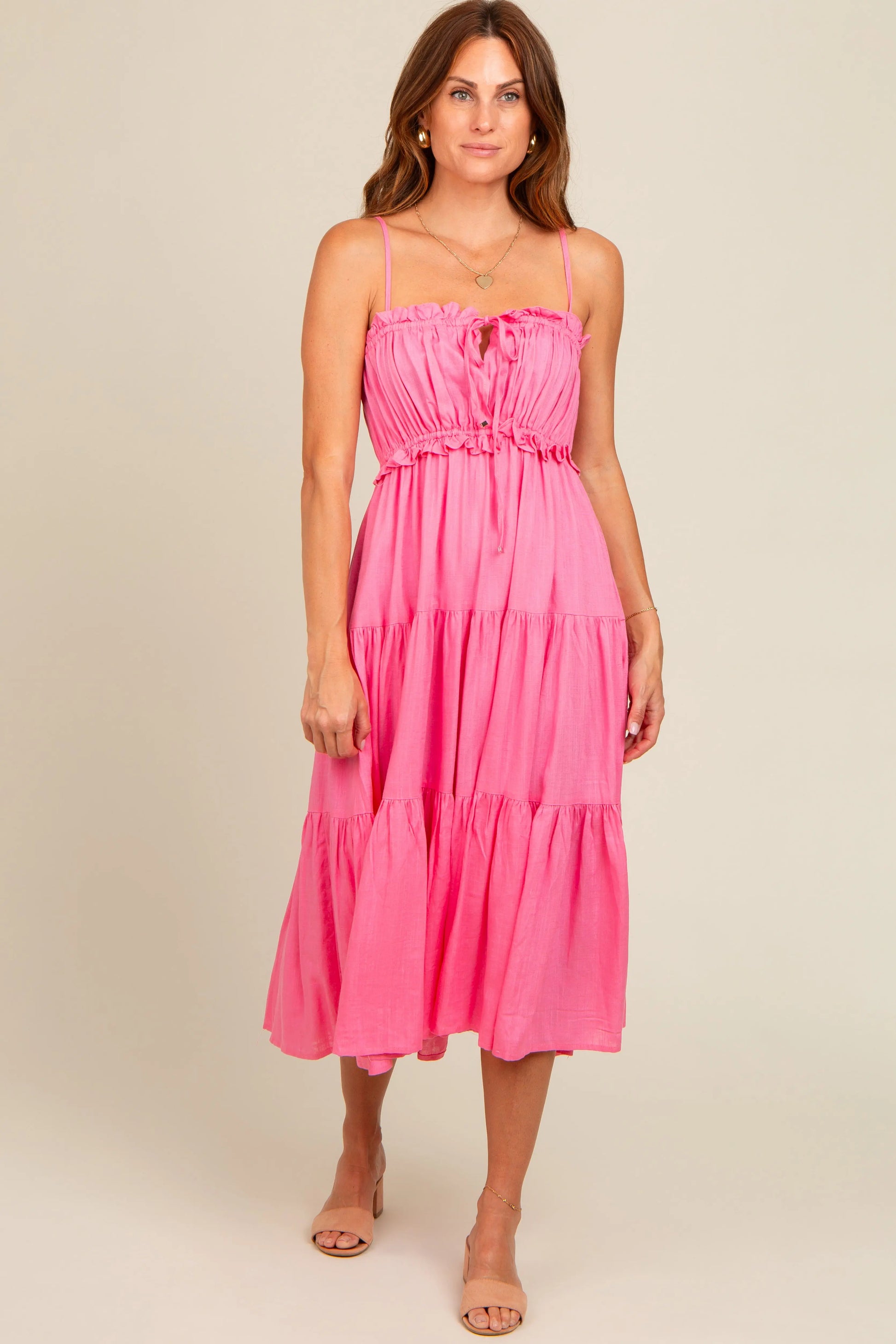 PinkBlush Elegant Fuchsia Maternity Midi Dress with Front Tie Cutout for Expecting Mothers - Apparel & Accessories > Clothing > Dresses