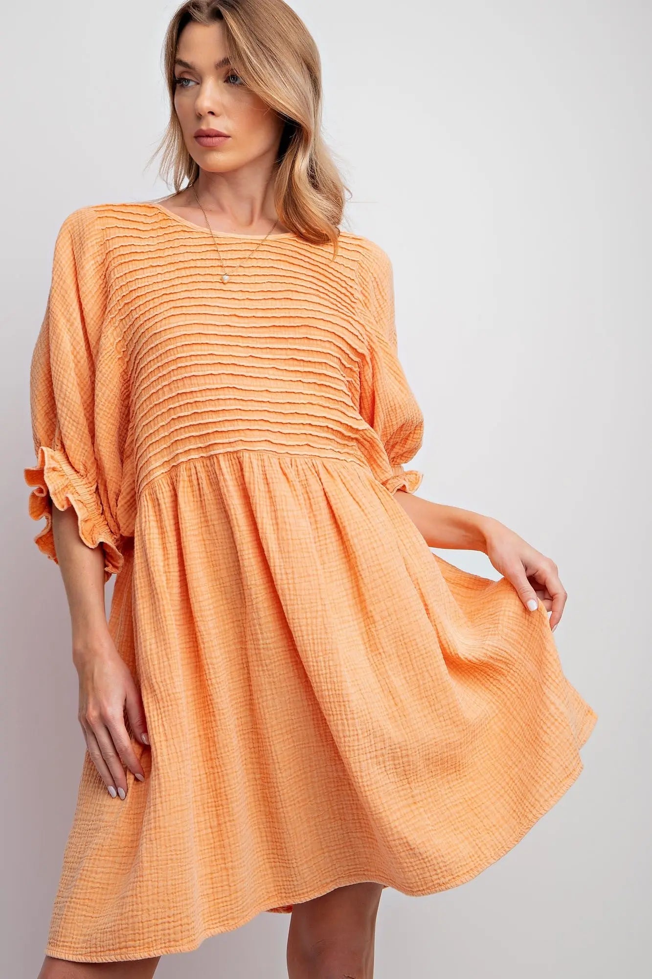 PinkBlush Tangerine Cotton Gauze Mini Dress with Pintuck Design for Summer Style - Apparel & Accessories > Clothing > Dresses