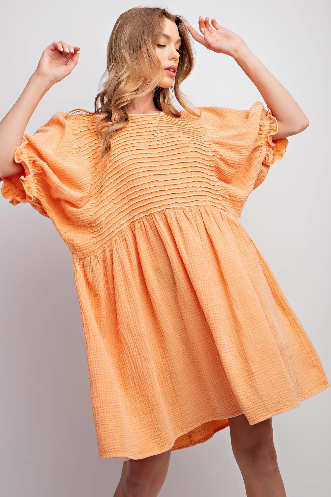 PinkBlush Tangerine Cotton Gauze Mini Dress with Pintuck Design for Summer Style - Apparel & Accessories > Clothing > Dresses