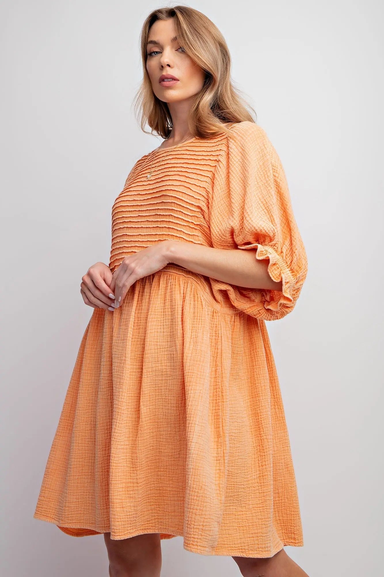 PinkBlush Tangerine Cotton Gauze Mini Dress with Pintuck Design for Summer Style - Apparel & Accessories > Clothing > Dresses