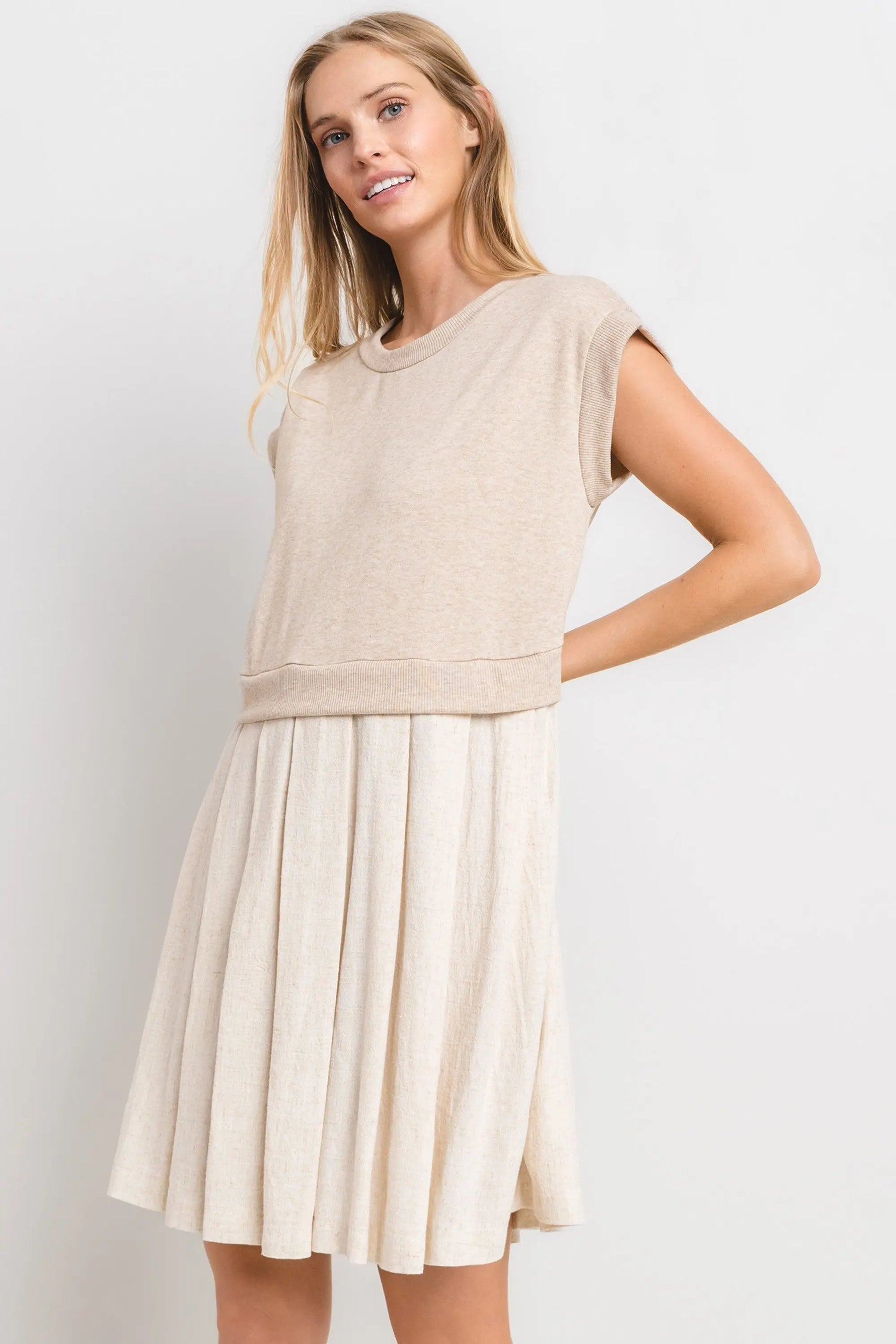 PinkBlush Chic Oatmeal Mini Dress with Contrast Pleats for Fashion-Forward Women - Apparel & Accessories > Clothing > Dresses