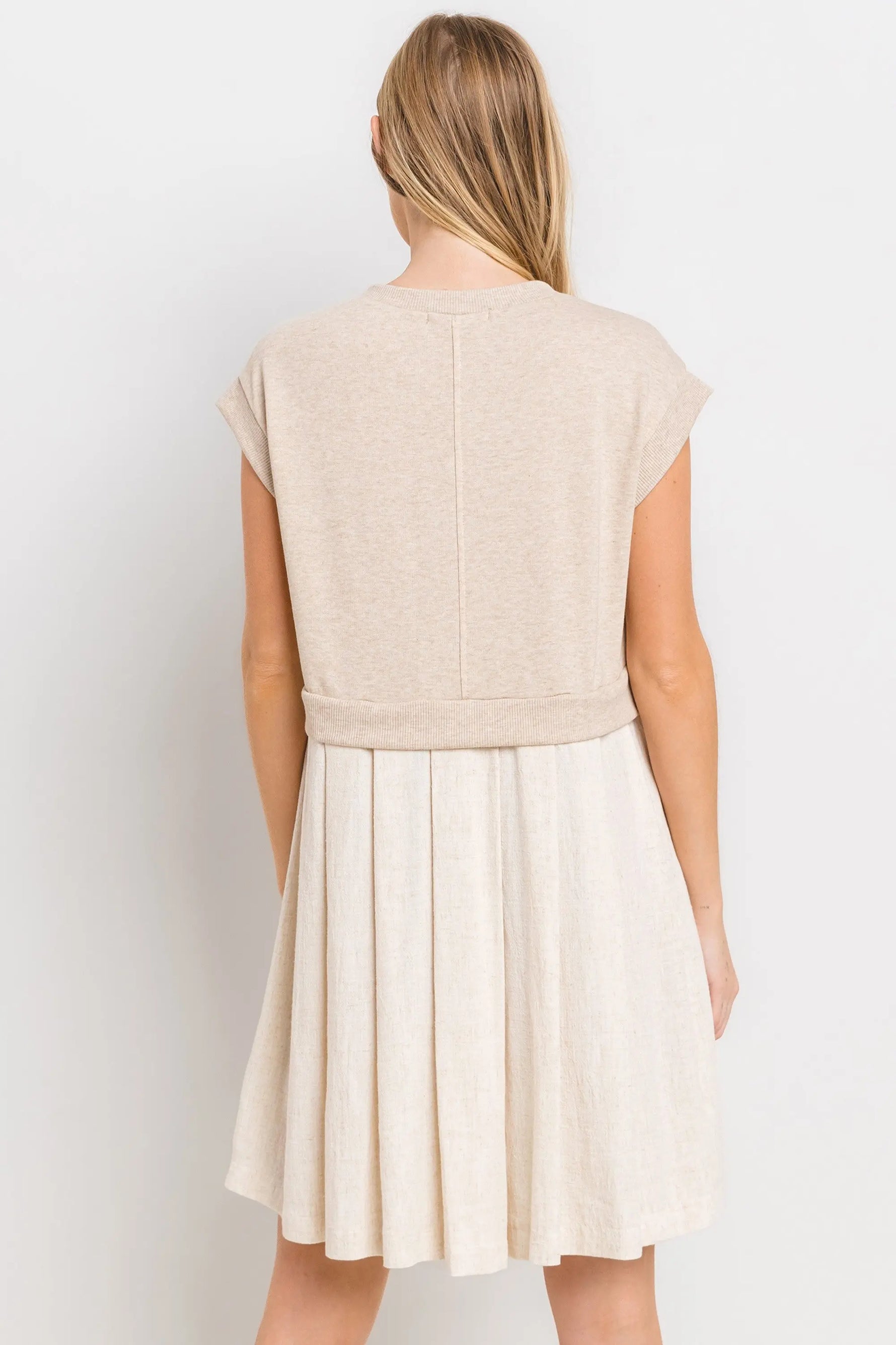 PinkBlush Chic Oatmeal Mini Dress with Contrast Pleats for Fashion-Forward Women - Apparel & Accessories > Clothing > Dresses
