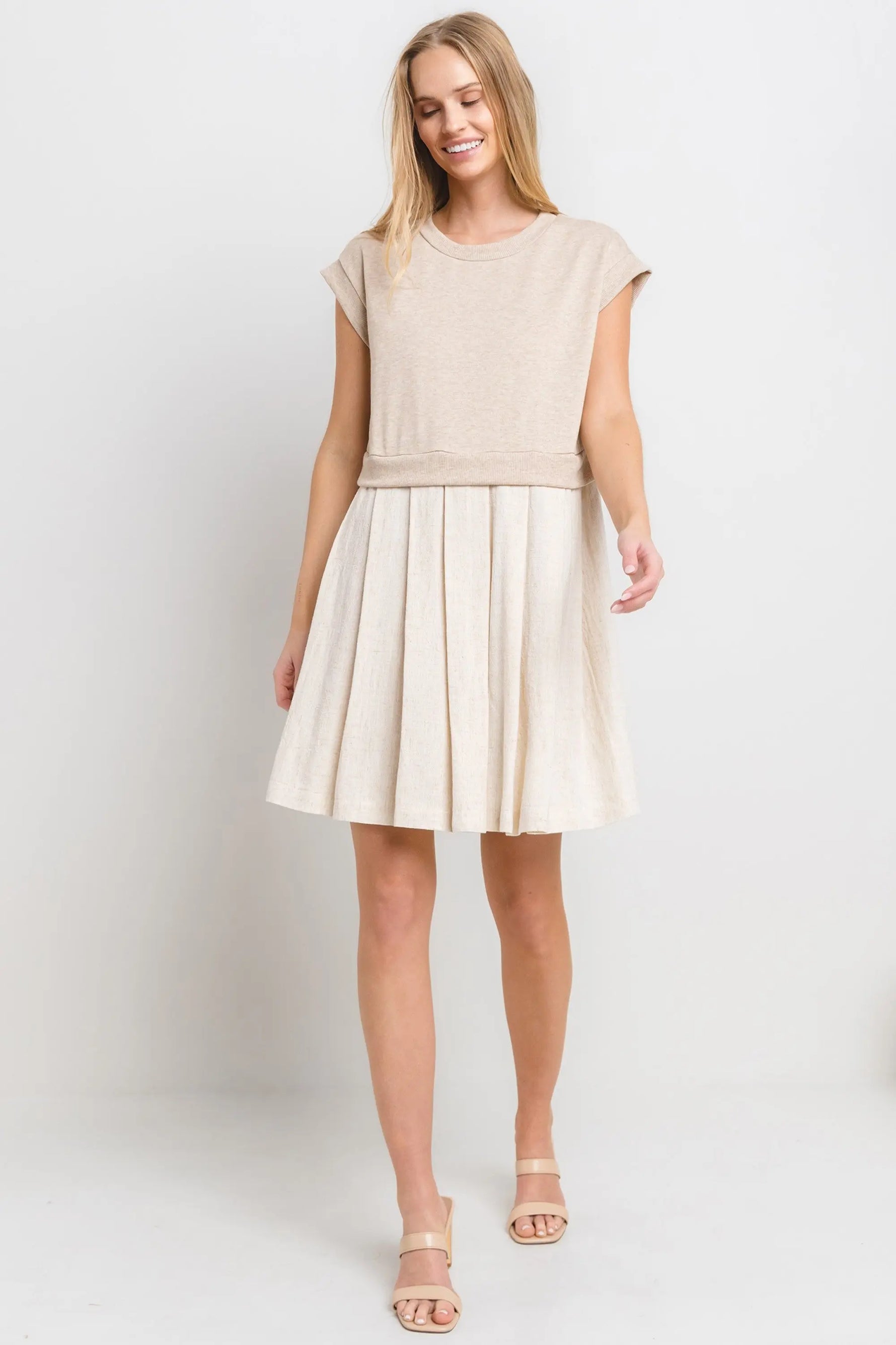 PinkBlush Chic Oatmeal Mini Dress with Contrast Pleats for Fashion-Forward Women - Apparel & Accessories > Clothing > Dresses