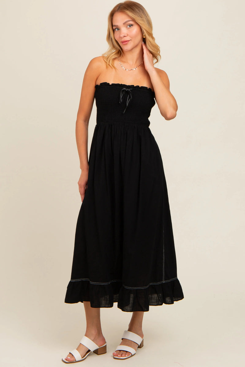 Black Smocked Strapless Midi Dress PinkBlush
