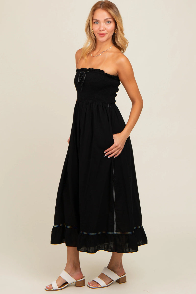Black Smocked Strapless Midi Dress PinkBlush