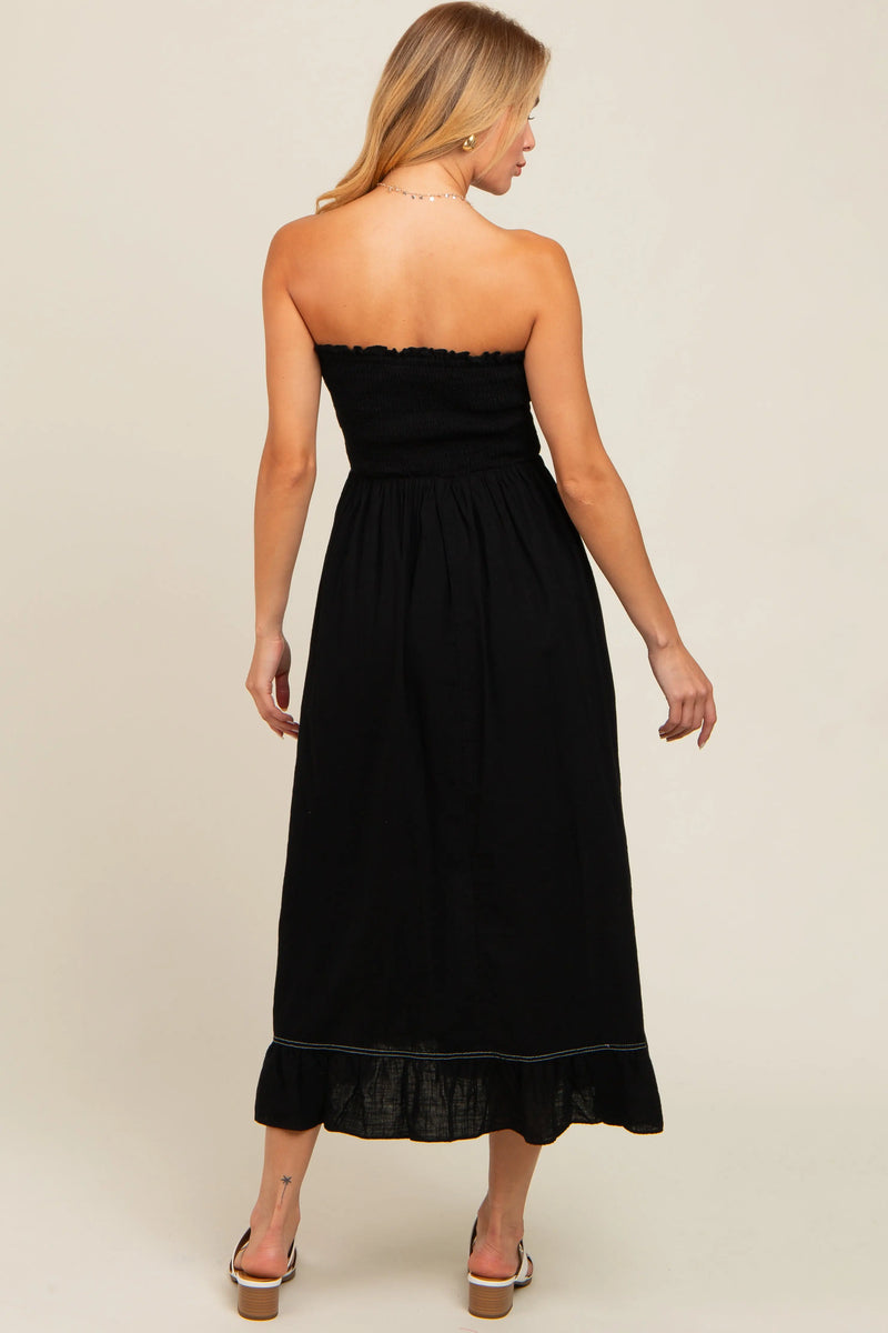 Black Smocked Strapless Midi Dress PinkBlush