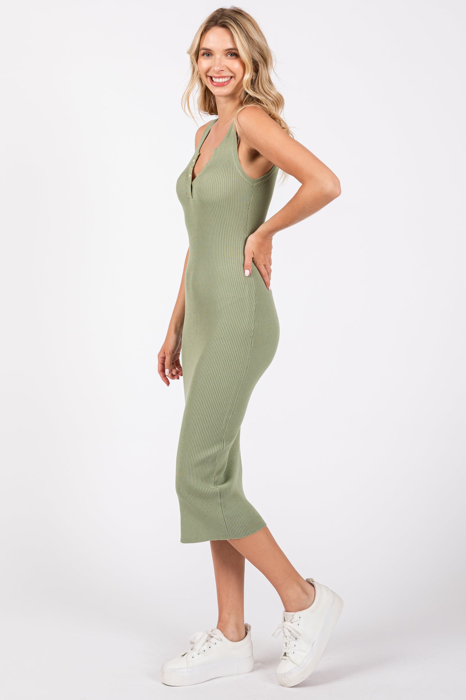Light Olive Ribbed Fitted Sleeveless Snap Button Dress by PinkBlush at Everetts Place