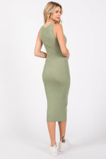 Light Olive Ribbed Fitted Sleeveless Snap Button Dress by PinkBlush at Everetts Place